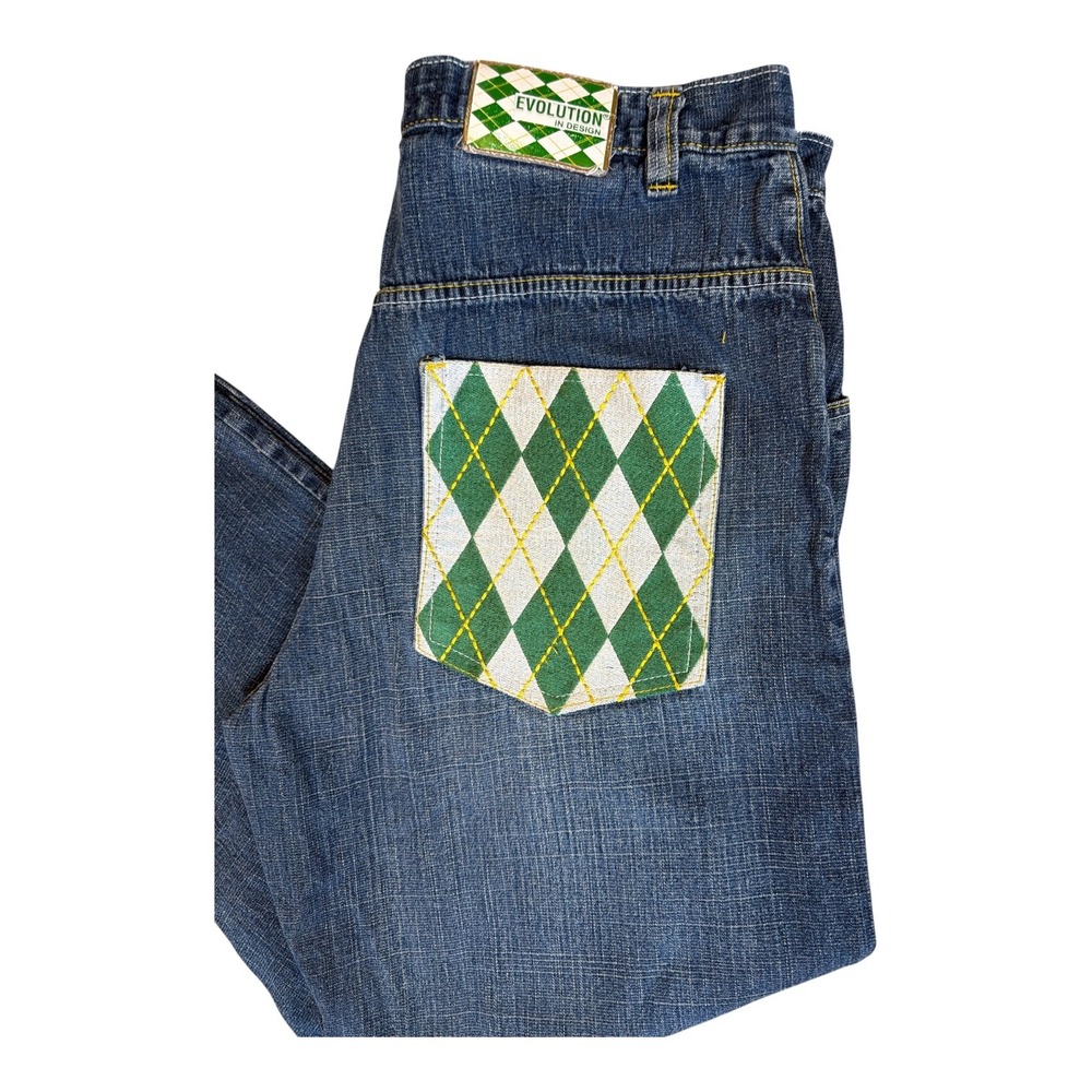 Evolution Design Men Baggy Argyle Pocket Jeans Blue Denim 38x32 Y2K Streetwear